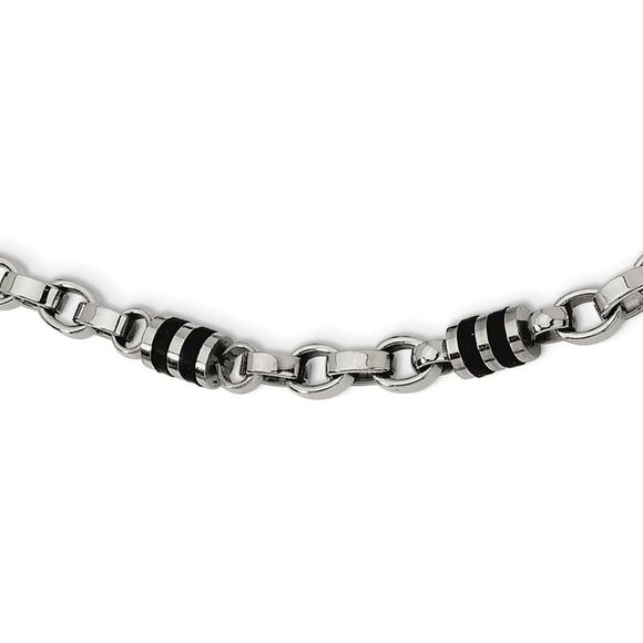Mens Stainless Steel, Rubber Accent Barrel Link Chain Necklace, 22 In - Picture 1 of 4